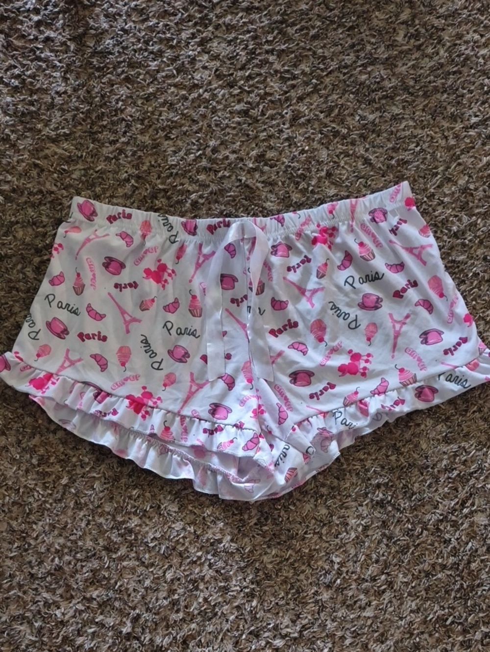 Women’s White and Pink Paris Print Ruffle Sleep Shorts